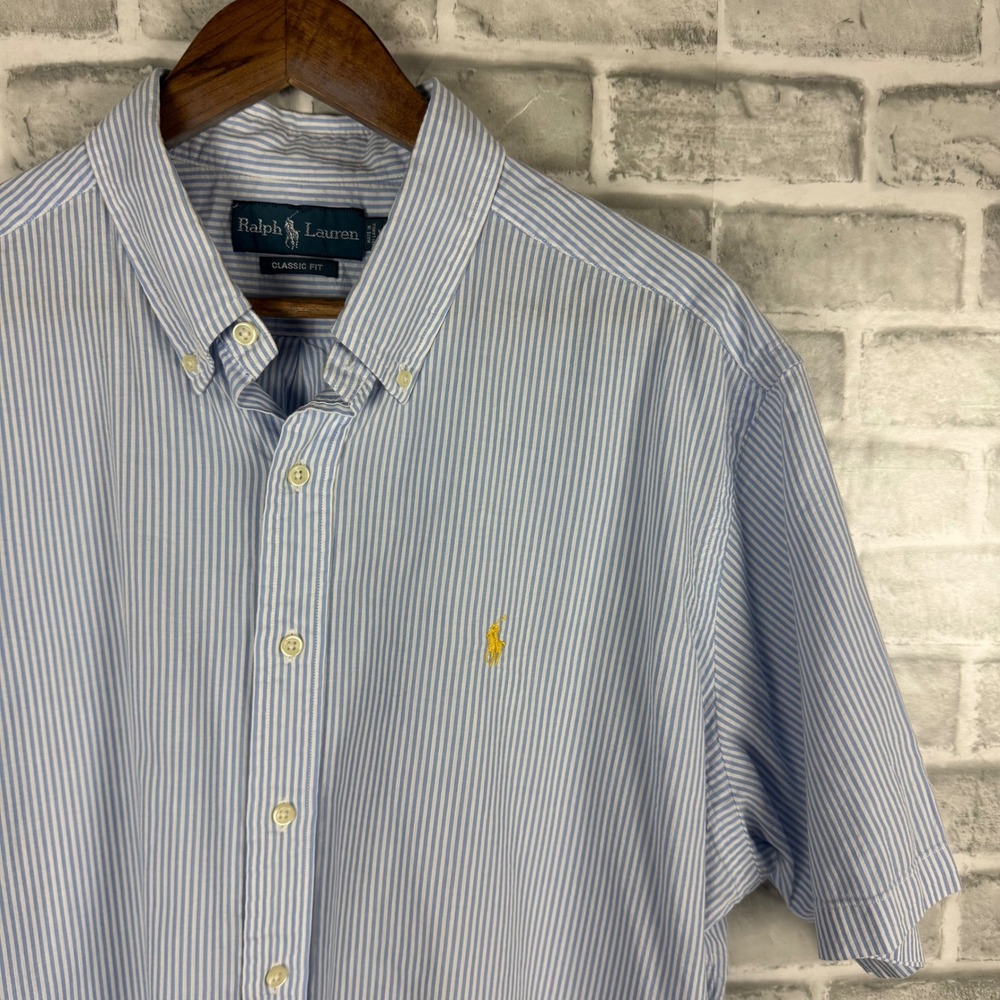 Ralph Lauren XXL Classic Short Sleeve Striped Button Down Shirt Nautical Blue
